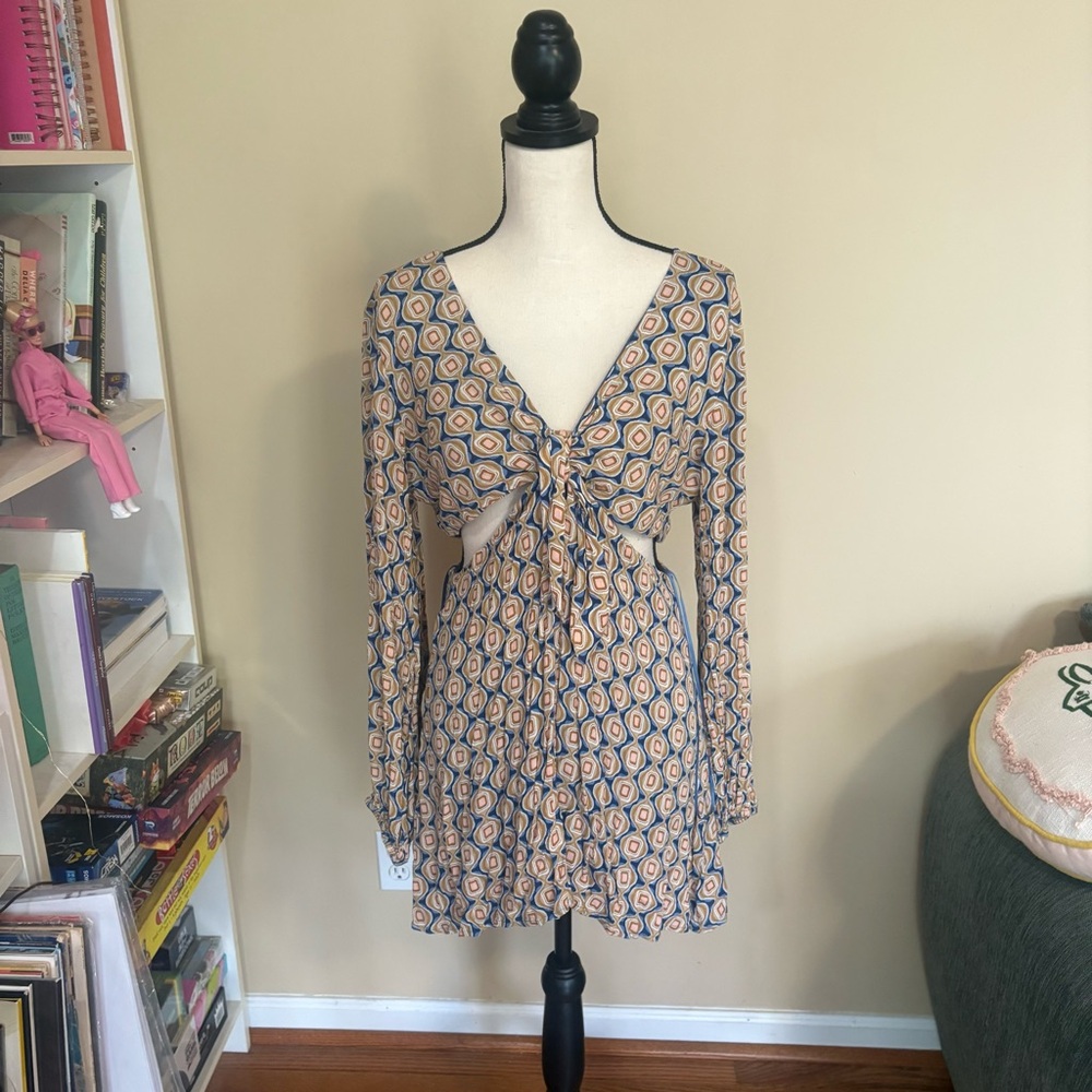 Shop The Neighborhood Patterned Long Sleeve Dress with Cut Outs